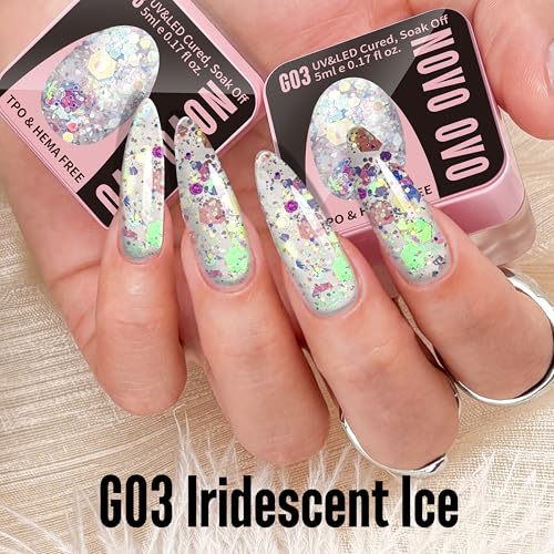 NOVO OVO G03 Iridescent Ice Chunky Glitter Gel Nail Polish - Aurora Holographic, 5ml