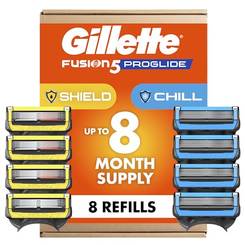 Gillette Mens Razor Blade Refills, 4 ProGlide Chill Cartridges, 4 ProGlide Shield Cartridges, Shields against Skin Irritation, Cools to sooth skin, 8 Count (Pack of 1)
