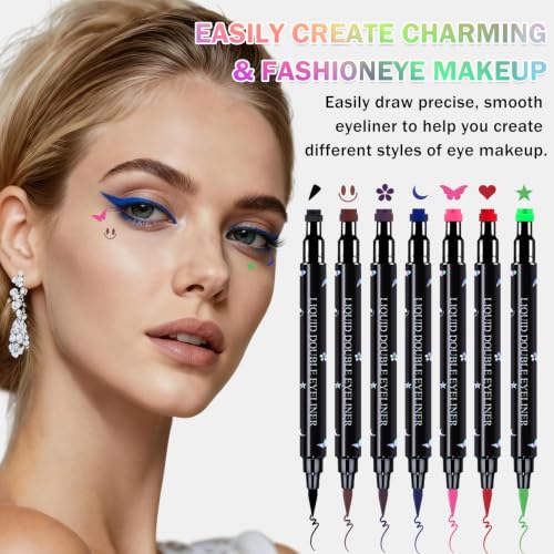 7 Colors Double-Headed Liquid Winged Eyeliner Stamp Pen Set - Waterproof & Smudgeproof, Creative Eye Makeup Tool, Includes 7 Color Variants