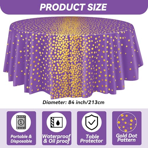 84 Inch Purple and Gold Polka Dot Round Tablecloth - Set of 3