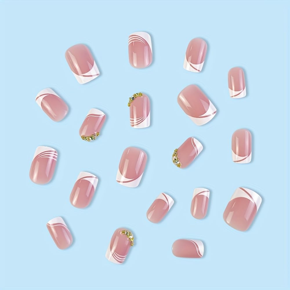 Square French Press on Nails, Acrylic Short Medium Press on Nails White Edge Pink Fake Nails with Gold Rhinestones, Glue on Nails Reusable False Nails for Women