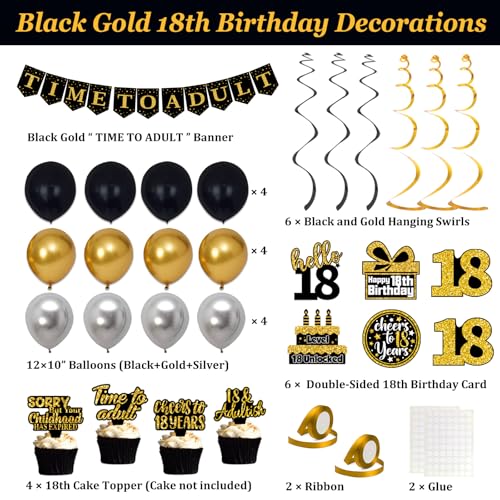 Black Gold 18th Birthday Decorations Set for Boys - 52pcs