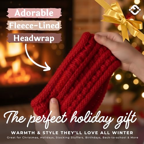 Funky Junque Kids Ear Warmer Headband - Red Fleece Lined Knit