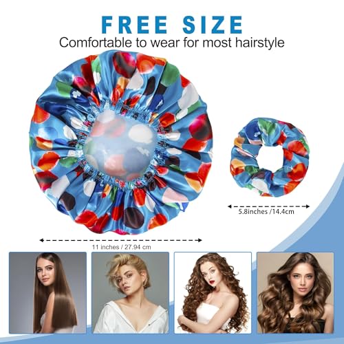 Reusable Shower Cap Set for Women - 4 Waterproof Caps & 2 Satin Scrunchies