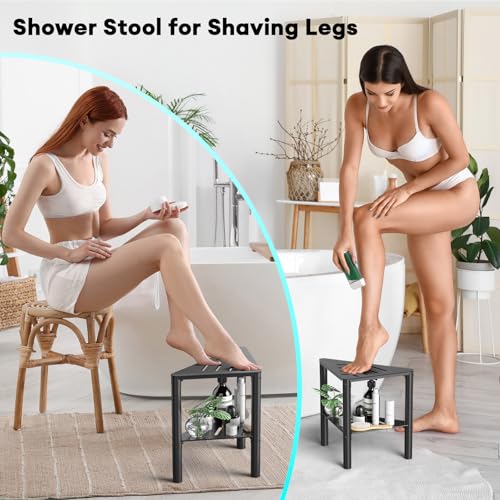 YAJONUE Corner Shower Stool with Storage Shelf & Non-Slip Foot Rest