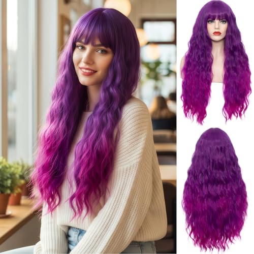 WGPFWIG Bright Purple Ombre Wig 27'' Curly Heat-Resistant Synthetic, Cap Included