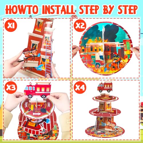 Firefighter Cupcake Stand Set with 12 Fire Truck Toppers