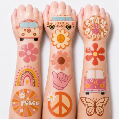60 Pre-Cut Retro Temporary Tattoos for Kids - Groovy Hippie Theme