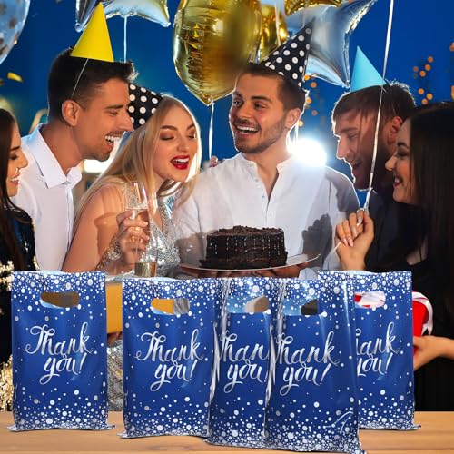 Pajean 100 Pcs Blue & Silver Thank You Gift Bags with Handles