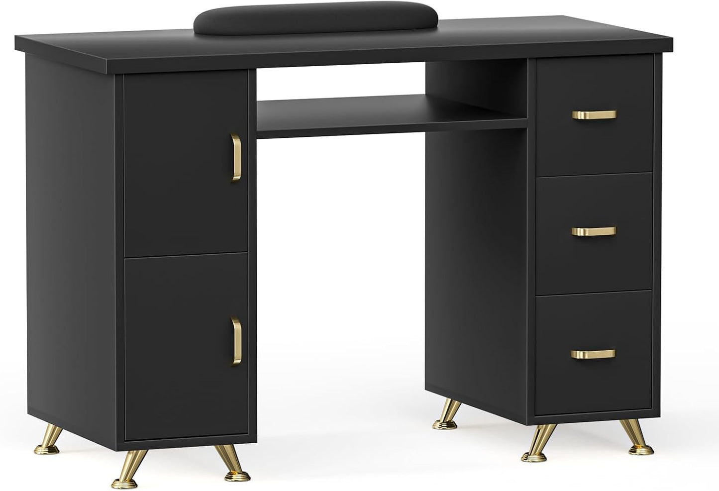 Professional Nail Tech Desk - Acetone Resistant Manicure Table with 3 Drawers & 2 Cabinets | White-Gold Finish for Salon & Home Use