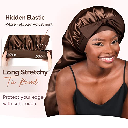 Large Brown Silk Feeling Sleep Bonnet for Long Hair & Braids - Secure Fit