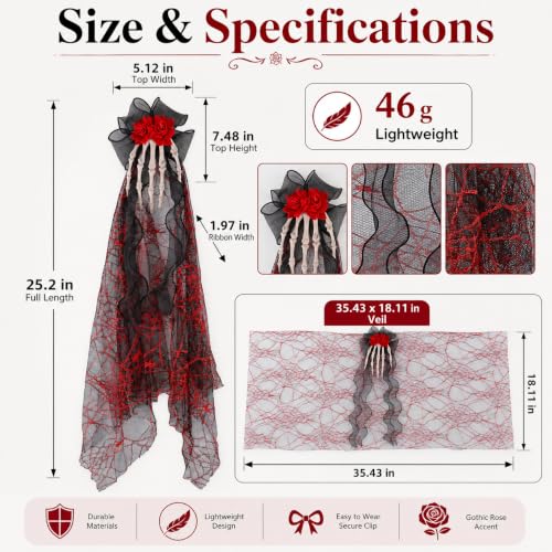 Gothic Skeleton Hand Hair Clip with Rose Veil - 25.2 in