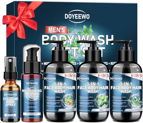 Doyeewo Men's 3-in-1 Body Wash Set with Lotion & Spray, 6 Pack - Sandalwood, Eucalyptus, Mint Scents, Travel Size
