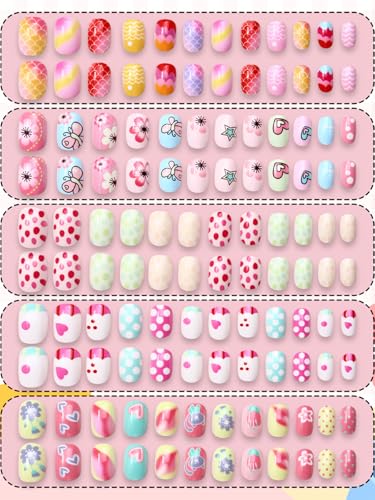 Wsimily 120Pcs Kids Colorful Short Fake Nails Set - Safe Acrylic Nail Art Kit - Variation A