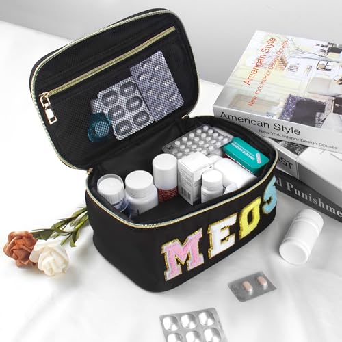 BuyCard Black Nylon Meds Cosmetic Pouch with Chenille 'MEDS' Letters Preppy Bag with Zipper & Handle
