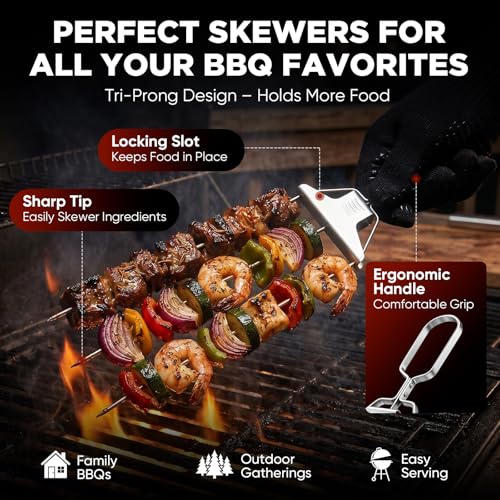 Saker 14.7 Inch Stainless Steel BBQ Skewers - 3 Prong Kabob Sticks with Push-Off Slider
