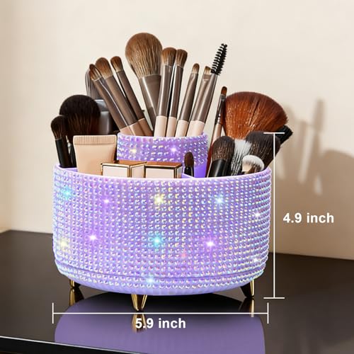 Diesisa 360° Rotating Bling Makeup Organizer - 5-Slot Diamond Purple Holder