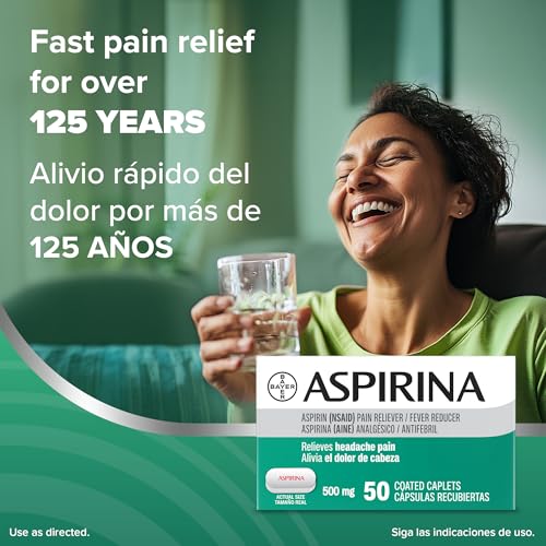 Bayer Aspirin 500mg Pain Reliever - Headache, Muscle & Fever Relief, 50 Caplets
