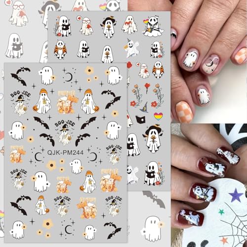 3D Halloween Nail Art Stickers - 8 Sheets Pumpkin, Ghost & Bats