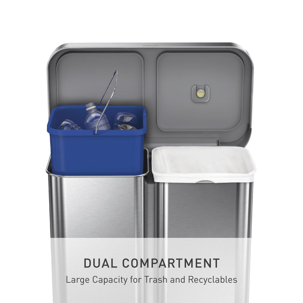 simplehuman Step Recycler, 58L / 15.3 Gallon Dual Compartment Kitchen Trash Can, 150,000-Step Steel Pedal, Lid Shox® Silent Close, Liner Rim System, Liner Pocket®, Brushed Stainless Steel