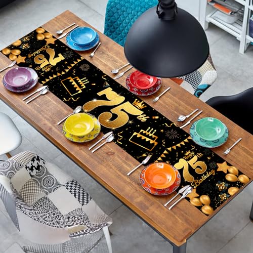 Happy 75th Birthday Table Runner - Black & Gold 72 Inch Linen