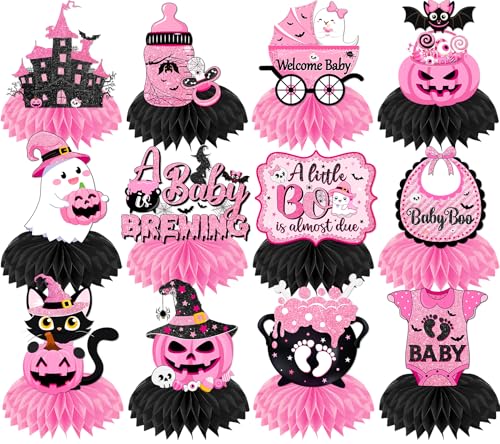 12Pcs A Little Boo Baby Shower Honeycomb Centerpieces - Pink Halloween Decorations