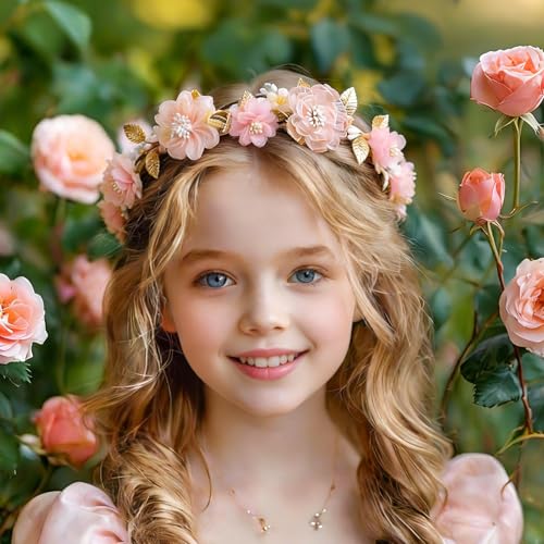 Hot Pink Bohemian Flower Crown Headband with Gold Leaves - Adjustable