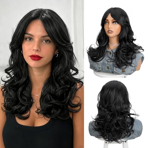 Black Wavy Layered Wig with Curtain Bangs - 20 Inch Synthetic Cosplay Hair