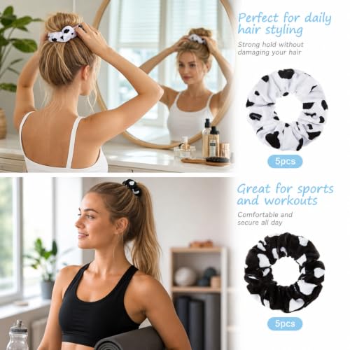 Xinnun 10 Pcs Cow Print Hair Ties White & Black Cow Pattern Elastic Hair Bands