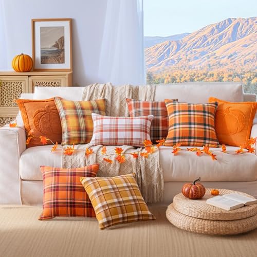 Set of 2 Orange Plaid Throw Pillow Covers - 18x18 Inch for Autumn Decor