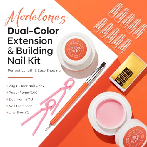 Modelones Gel Builder Nail Kit - 10-in-1 Clear & Pink Gel with Brush & Forms