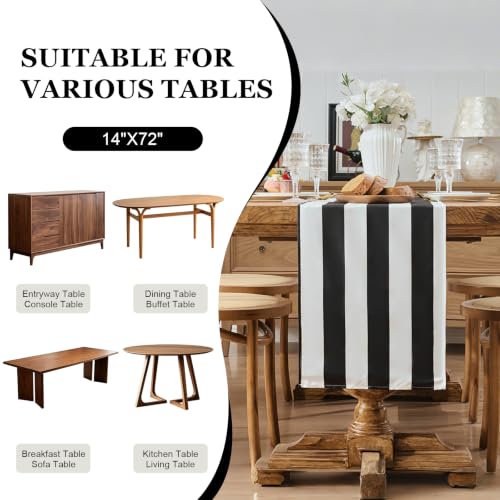 Waterproof Black and White Striped Table Runner 14"x72" for Dining & Events