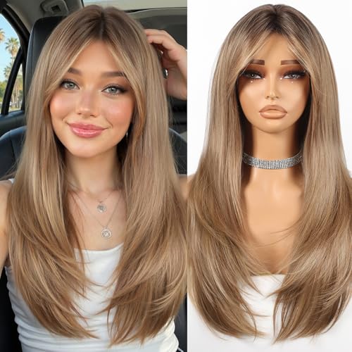 Allbell 24-Inch Ombre Light Brown Long Straight Layered Synthetic Wig