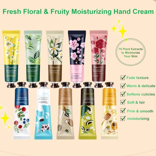 BKPPLZP 10 Pack Hand Cream Set Floral & Fruity, Natural Botanical Fragrance, Travel Size Moisturizer for Dry Hands, Women