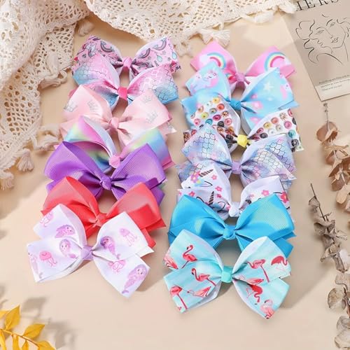 20-Pack 5-Inch Handmade Hair Bows for Girls with Alligator Clips - Rainbow & Heart Designs