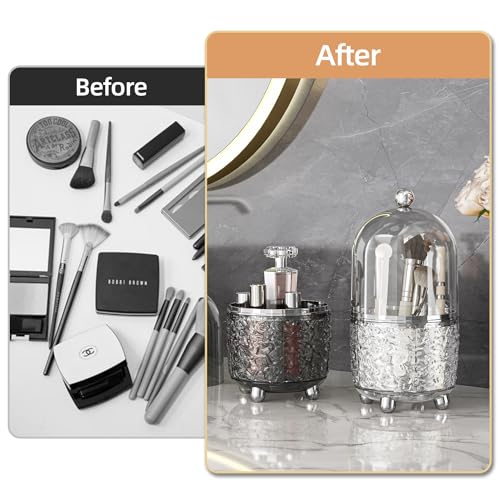 Grey 360° Rotating Makeup Brush Holder with Lid for Vanity