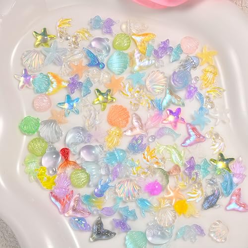 200Pcs Ocean Nail Charms - 3D Resin Starfish & Jellyfish Gems