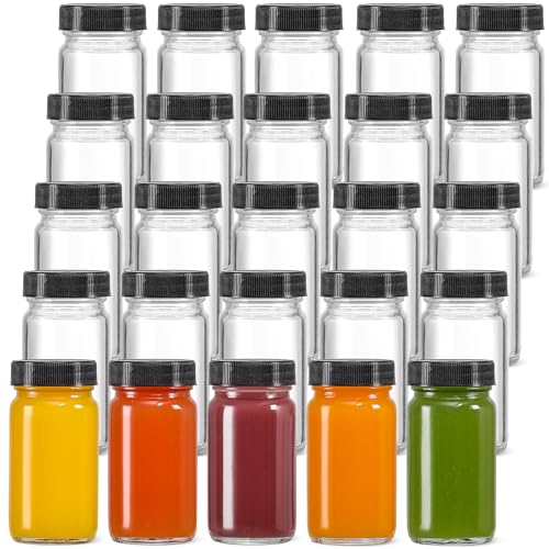 25 Pack 2 oz Glass Shot Bottles with Black Caps - Leakproof & Dishwasher Safe