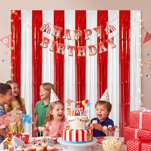 Zhanmai Red and White Foil Fringe Curtains - 2 Pack 3.28x8.2 ft Tinsel Backdrop for Parties