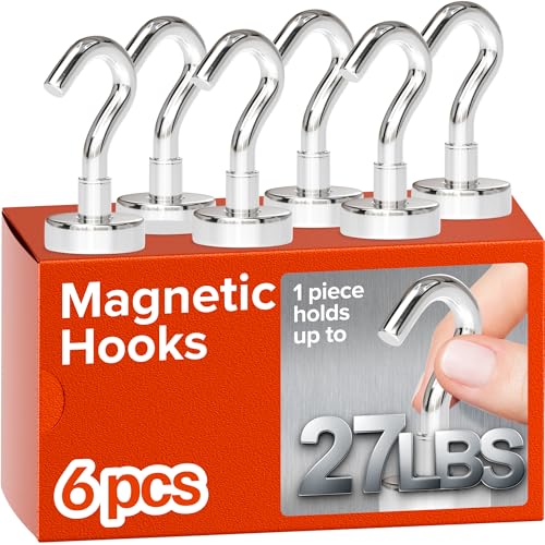 Heavy Duty Magnetic Hooks - 27lbs, Pack of 6, Neodymium for Kitchen & Outdoor