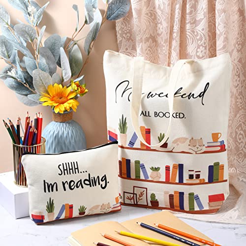 Sieral Classic Style Book Lover Gifts Canvas Tote and Makeup Bag Set