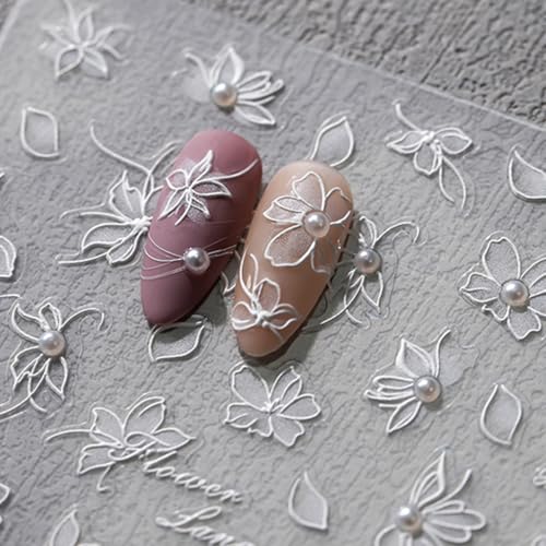 5D Embossed White Flower Nail Art Stickers - Self-Adhesive Decals
