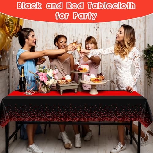 Disposable Black and Red Tablecloth Set - 2-in-1 Rectangular Party Cover (54x108")