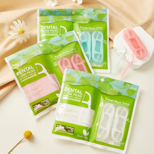 Green Mint Dental Floss Picks with 2 Travel Cases & 65 Refills - LIAMOSS