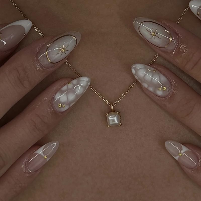Nude Cat Eye Press-On Nails - Short Almond Shape with Gold French Tips | Reusable Soft Gel Set for Women