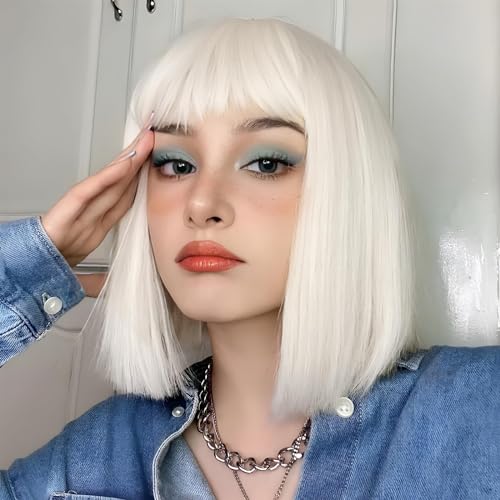 12 Inch White Synthetic Bob Wig with Bangs for Women, Short Straight Hair for Halloween & Parties