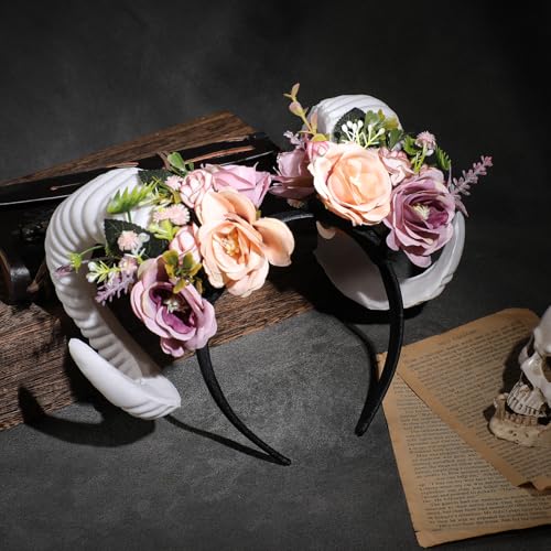 MOSTORY Flower Sheep Horns Headband for Renaissance Halloween Cosplay