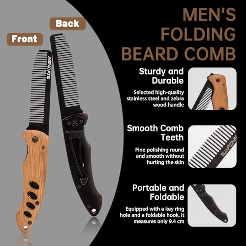 MenGate Folding Beard Comb - Stainless Steel & Zebrawood EDC Pocket Tool