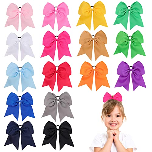 16-Pack 8-Inch Large Cheer Hair Bows for Girls - Grosgrain Ribbon Ponytail