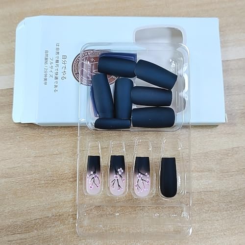 CEWEWP A1 Fall Pink Black Gradient Coffin Press-On Nails 24pcs - Medium, Glossy, Full Cover, Pink Flowers Design